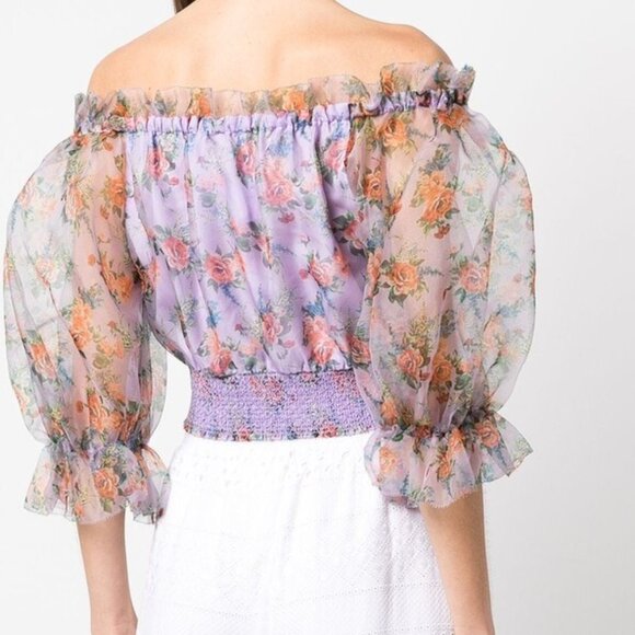 Alice+Olivia off Shoulder Smocked Lavender Silk Organza Floral Top L Orig $395 - Picture 9 of 9